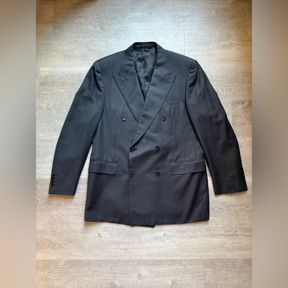 Canali 120s Tone On Tone Striped Double Breasted Charcoal Gray Suit Blazer 52 7R